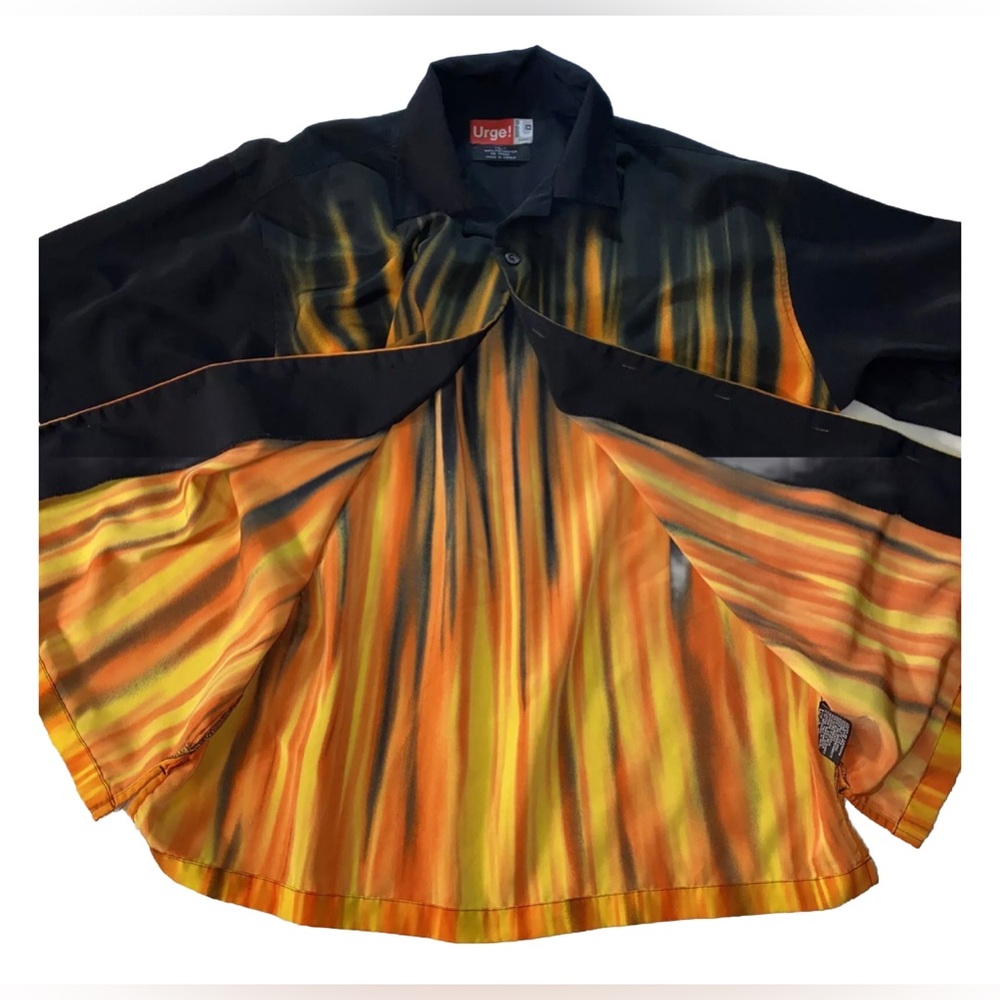 VTG Flame Shirt Men Large Fire Bowling Garage Mechanic Jnco Style Biker Urge Y2K
